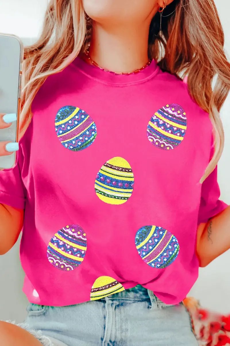 Rose Red Sequin Easter Egg Graphic Casual T Shirt for Women - Love Salve